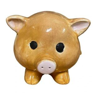 PIGGY BANK cute little pottery stoneware pig handpainted 6”x4.5”x4”